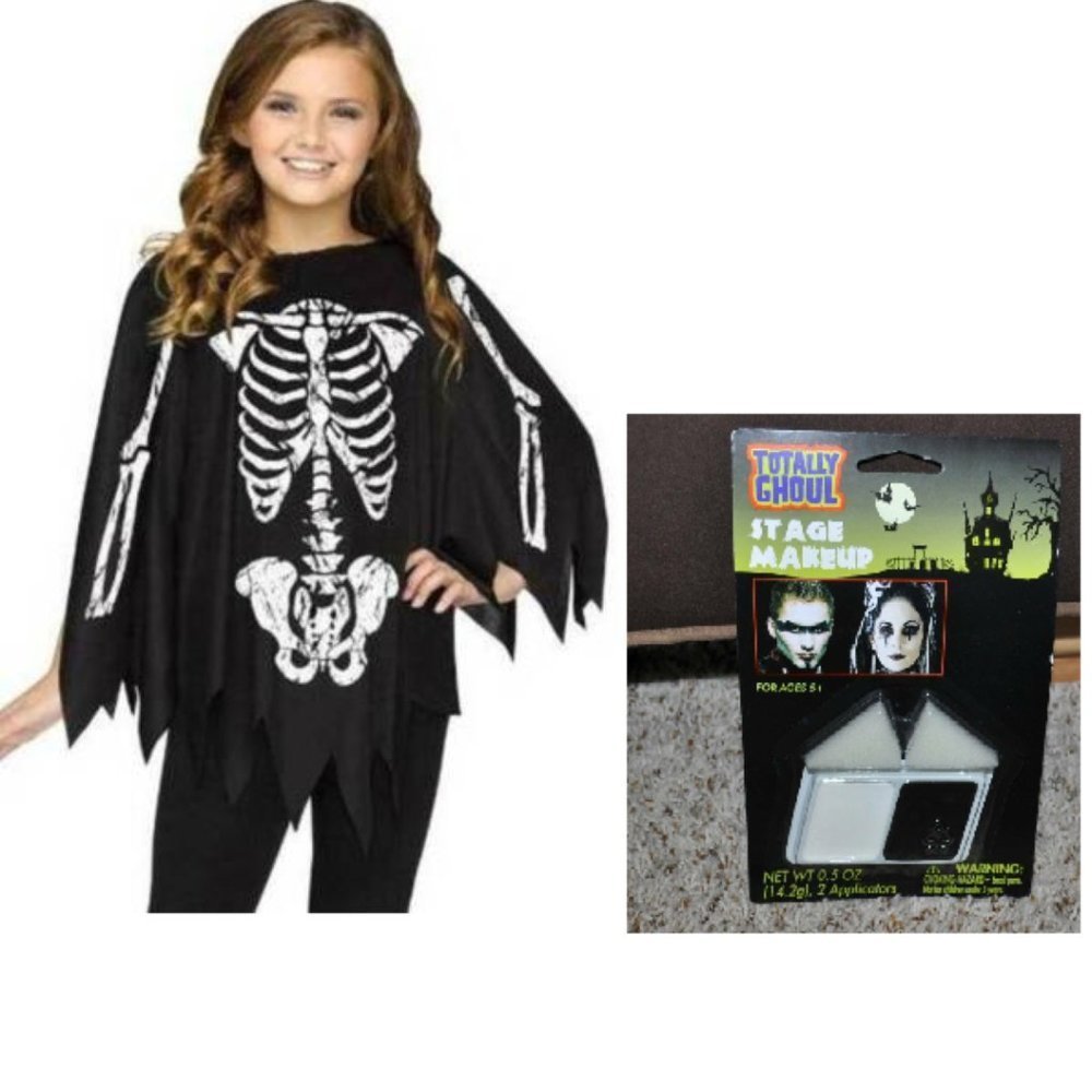 Skeleton Poncho & Makeup Halloween Costume Black White 2 Pc Set Girls One Size